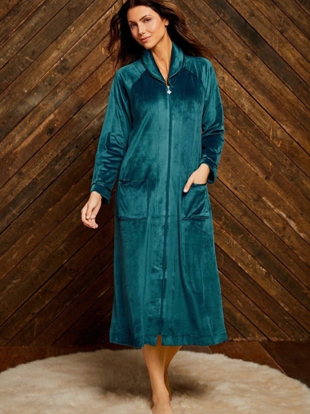 Eileen West Lux Velour Long Full Zip Robe Green/Teal Size S/M